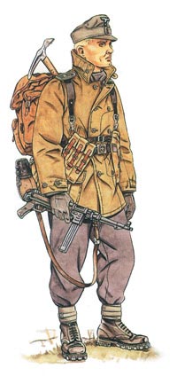Германский горный стрелок-егерь одет в ветрозащитную горную куртку
